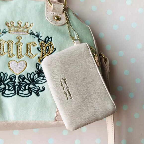 Juicy Couture HERITAGE SATCHEL Velour & Faux leather  w pouch Crystal /Pink Clay - Picture 8 of 12